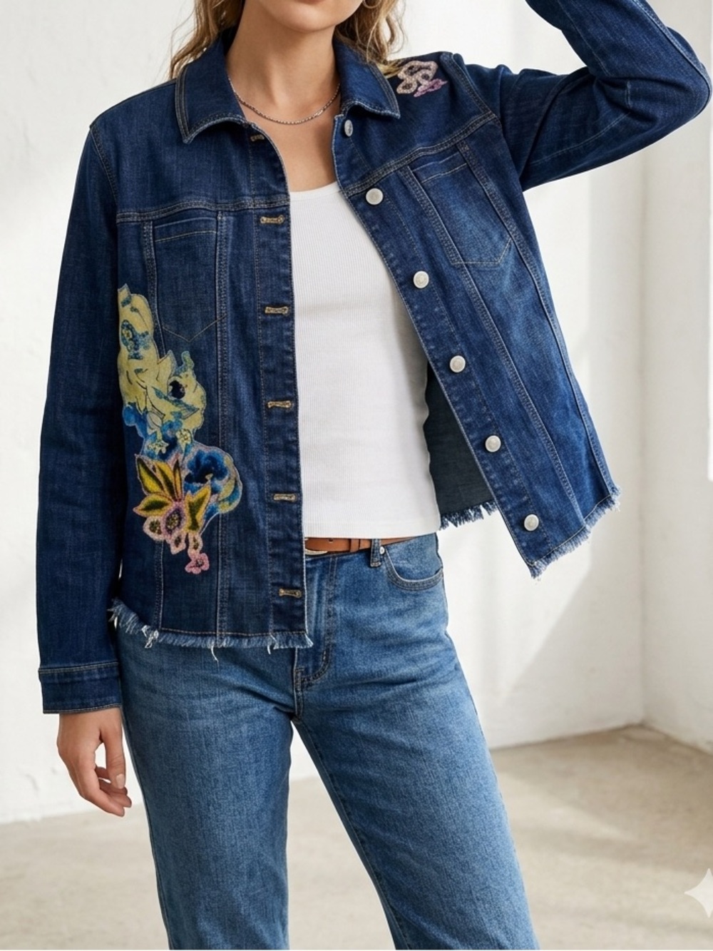 Chico's Dark Blue Embroidered Denim Jacket with Floral Appliqués